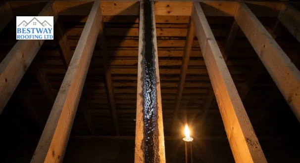 A dark water stain trailing down a wooden roof rafter inside a loft, showing the path of a roof leak.
