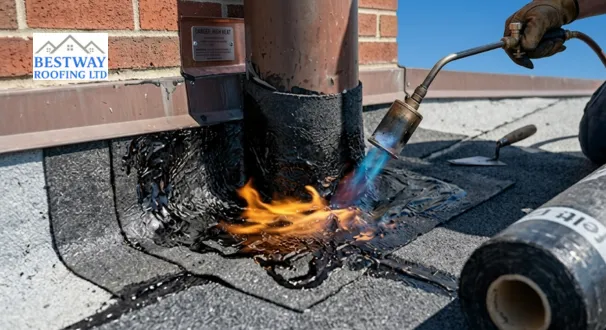 A high-resolution close-up of a professional roofer using a propane torch to seal modified bitumen torch-on felt around a roof pipe, showing realistic orange flames and molten black bitumen against a brick wall background.