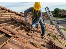 Professional roofer replacing broken tiles on a residential property, ensuring durability and showcasing the reliable roof repairs chelmsford homeowners trust.