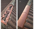 A before-and-after of a roof ridge. The left shows cracked, broken tiles, and the right shows them perfectly replaced and sealed.