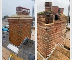 A before-and-after of a brick chimney. The left shows a broken, messy chimney, and the right shows it neatly rebuilt with new red pots on top.