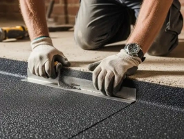 A worker installing a black damp-proof membrane on a foundation, showing the work of professional damp proof specialists in Chelmsford.