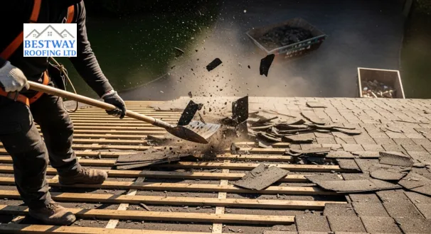 Dust and debris fly as a professional roofer uses a tear-off shovel to remove old, brittle roofing layers, revealing the bare wooden decking during a full roof replacement.
