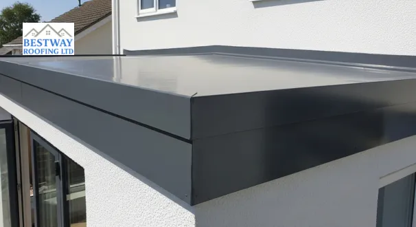 Seamless charcoal GRP fibreglass roofing on a residential extension, highlighting modern Flat Roof Materials that offer a leak-proof and stylish finish
