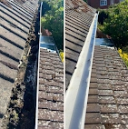 A split photo showing a gutter full of mud and moss on the left, and a perfectly clean, clear gutter on the right.