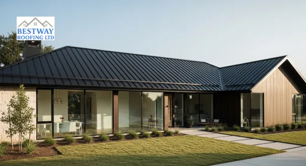 A sleek standing seam metal roof on a modern property, illustrating an energy-efficient and highly durable long-term investment.
