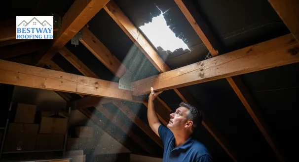 Homeowner looking up at damaged roof felt between wooden rafters inside a British loft.