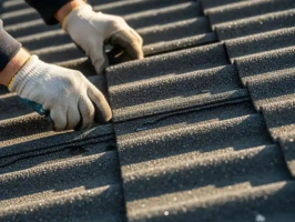 Close-up of a roofer securing roof tiles with hands and tools, highlighting craftsmanship and quality materials, demonstrating new roof installation Chelmsford.