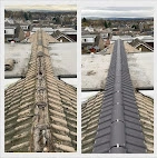 A before-and-after showing an old, mossy ridge at the top of a roof replaced with a smart, dark grey dry-ridge system.