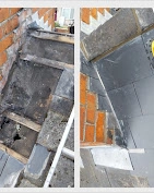 A close-up showing how new grey slate tiles are neatly tucked into the brickwork of a house wall to stop leaks.