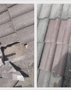 A before-and-after of a roof repairs Chelmsford. The left shows a hole where tiles were missing, and the right shows the new tiles fitted perfectly.