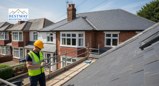 A professional roofer assessing a newly installed slate roof on a UK home, helping homeowners understand how much does a new roof cost when using premium materials.