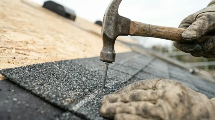 Roofer nailing asphalt shingles onto a residential roof with a claw hammer.