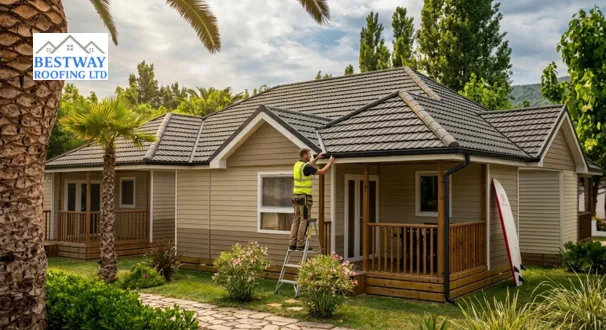 A single-storey bungalow with a multi-gable roof where a worker installs new black guttering from a ladder.
