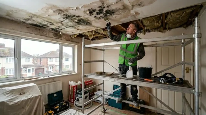 Worker on scaffolding treating black mold and damp damage on a residential room ceiling.
