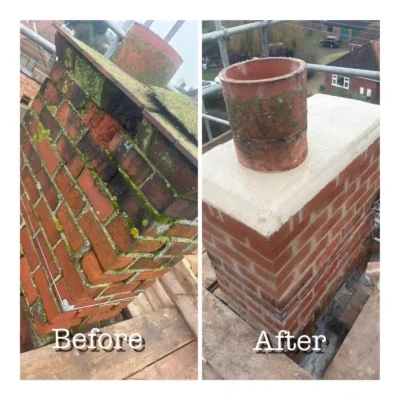 A before and after side-by-side comparison of a chimney rebuilding project. The "Before" image shows a severely damaged, crumbling red brick chimney stack covered in thick green moss and lichen, with a broken concrete cap. The "After" image shows the chimney stack completely rebuilt with clean red bricks, fresh mortar pointing, a smooth new concrete flaunching cap, and a reset terracotta chimney pot.
