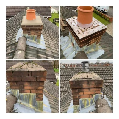 A four-panel grid showing the step-by-step progress of a residential chimney restoration project on a concrete tiled roof. The bottom panels show the original weathered brick chimney with a cracked, moss-covered concrete cap. The top-right panel shows the chimney being rebuilt with new bricks and a central terracotta pot being bedded in. The top-left panel shows the finished project with a clean brick stack, smooth new concrete flaunching, and a fresh terracotta chimney pot.