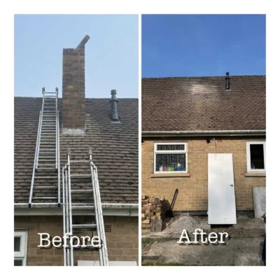 A before and after side-by-side comparison of a chimney removal project. The "Before" side shows a tall brick chimney stack on a tiled roof with roofing ladders against it. The "After" side shows the completed job where the chimney has been entirely removed, and the roof has been seamlessly re-tiled and patched with matching roofing tiles under a clear blue sky.