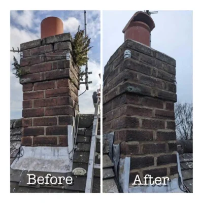 A before-and-after side-by-side comparison of a brick chimney restoration. The "Before" image shows a weathered brick chimney stack with significant weed and fern growth sprouting from cracked mortar joints. The "After" image shows the same chimney fully restored with plants removed, bricks re-pointed with fresh mortar, and a new terracotta chimney cowl installed on top.