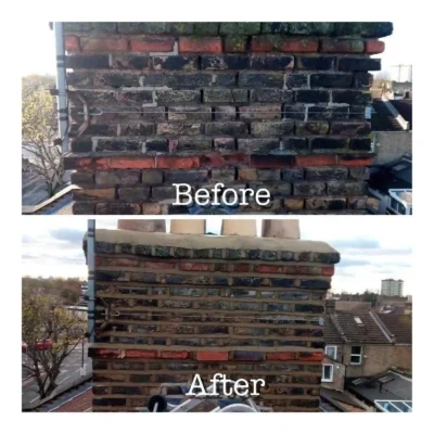 A before and after side-by-side comparison of a chimney repointing project. The top "Before" image shows an old, weathered brick chimney stack with severely eroded mortar joints, loose bricks, and moss growth. The bottom "After" image displays the fully restored chimney stack with clean, freshly applied mortar pointing and a newly laid concrete flaunching top.