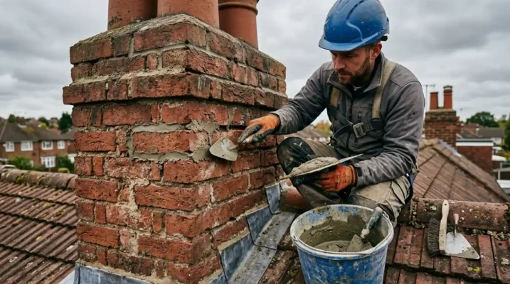 Professional roofer repointing brickwork and repairing mortar joints on a brick chimney.