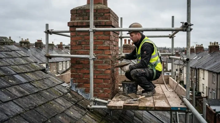 Roofer on scaffolding repairing and repointing brickwork on a chimney stack.