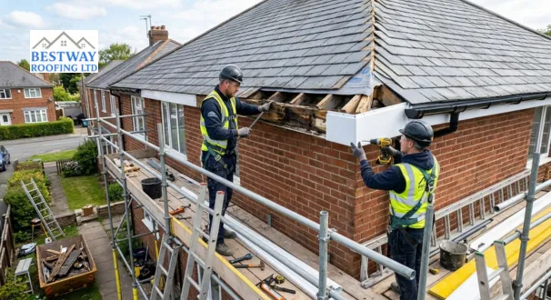 roofer replacing old fascia and soffit with new uPVC system on UK home 
