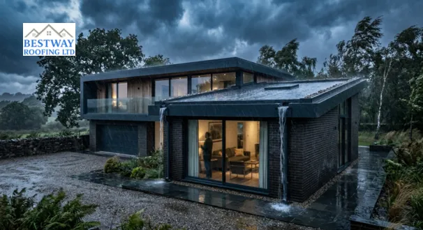 Modern flat roof protecting a UK home during heavy rain and stormy weather with effective drainage and waterproofing