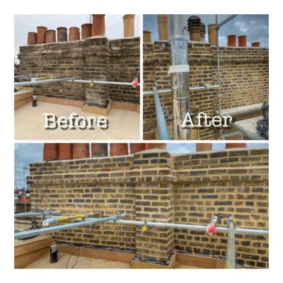 A before and after multi-image comparison of a large brick chimney wall restoration on a flat roof with scaffolding. The "Before" panel shows aged, stained brickwork with deteriorating mortar. The "After" panels display the fully repointed brick wall with clean, light-coloured mortar joints and a newly installed vertical stainless steel twin-wall chimney flue pipe.