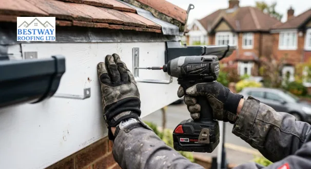 Close-up of a roofer installing aluminium gutter brackets on a fascia board with professional tools