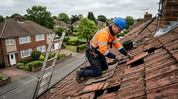 Roofer in safety gear replacing broken tiles on a sloped residential roof.