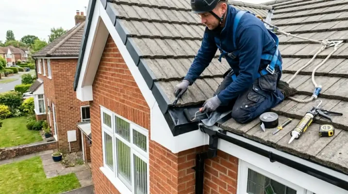 Professional roofer installing damp proof course flashing and sealing the roof edges on a residential house.