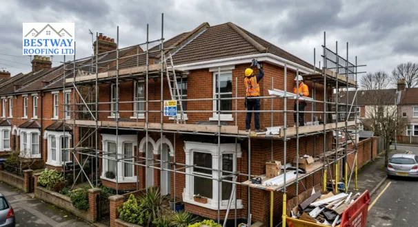 scaffolding installed on UK house for safe gutter replacement work