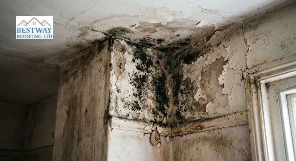 Black mould growing on upstairs ceiling, an internal warning sign that your roof is letting water in