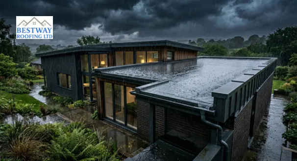 Modern residential building with a grey single-ply membrane flat roof efficiently shedding heavy rainwater during a storm.

