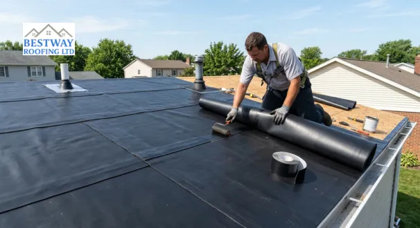 Professional roofer laying a durable EPDM rubber roofing membrane on a residential flat roof extension using a seam roller.