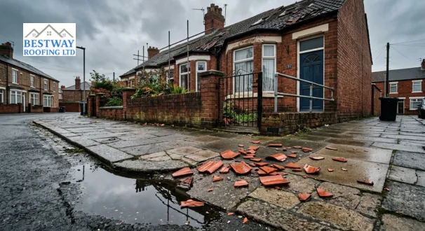 Broken roof tile fragments on the ground after a storm a warning sign that helps you judge how long does a roof last before needing repairs