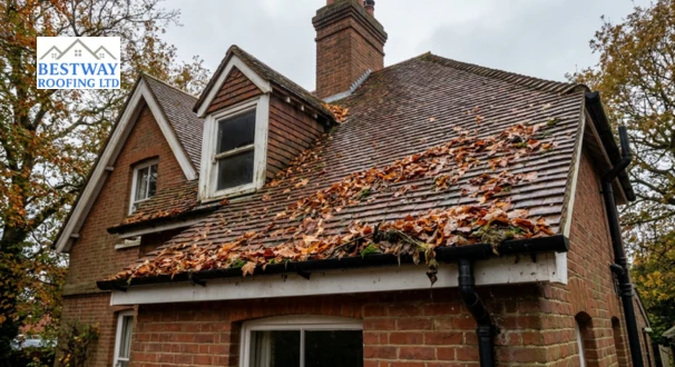 Exterior view of a British residential pitched roof with autumn leaves and debris collecting on tiles and blocking guttering under a grey overcast Essex sky indicating need for seasonal roof inspection in Chelmsford