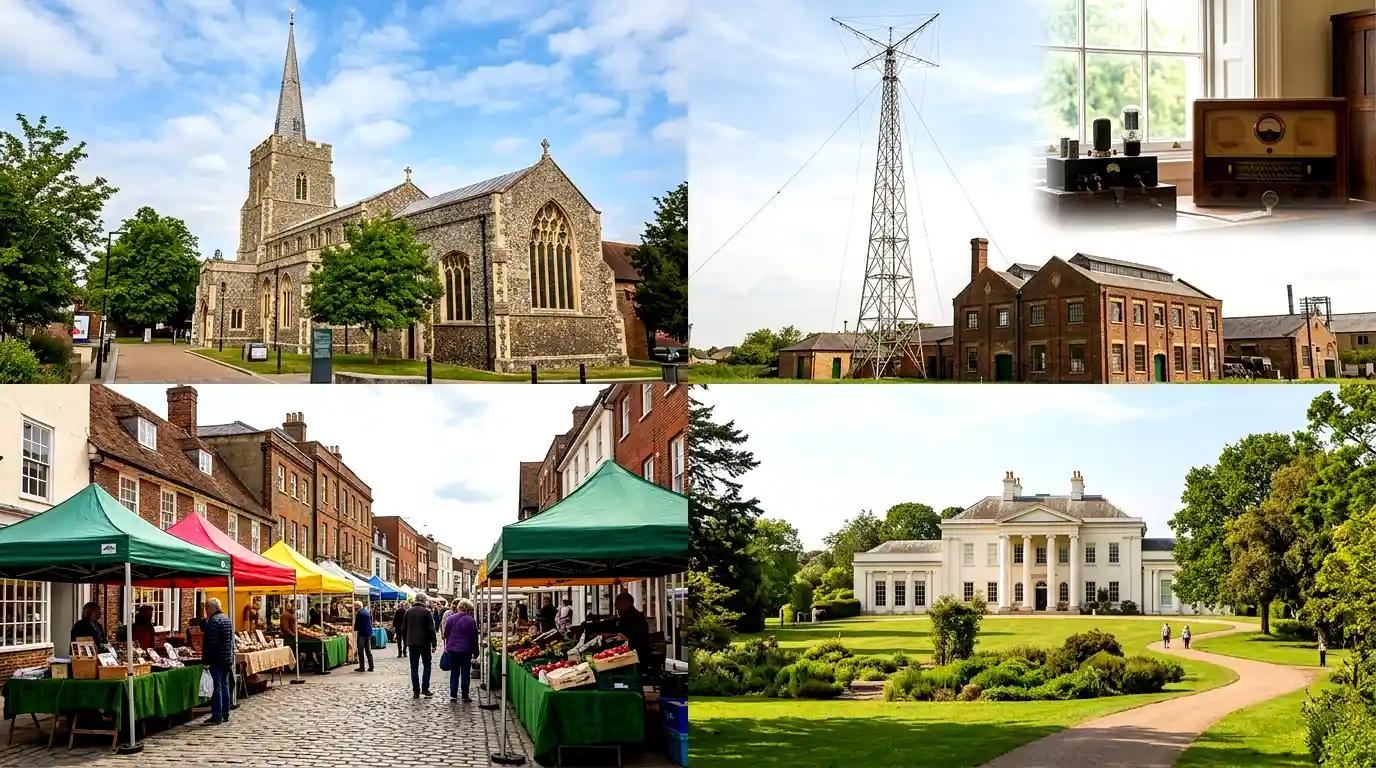 Collage of Chelmsford landmarks including Chelmsford Cathedral, Marconi radio history, local market stalls, and Hylands Estate in Essex.