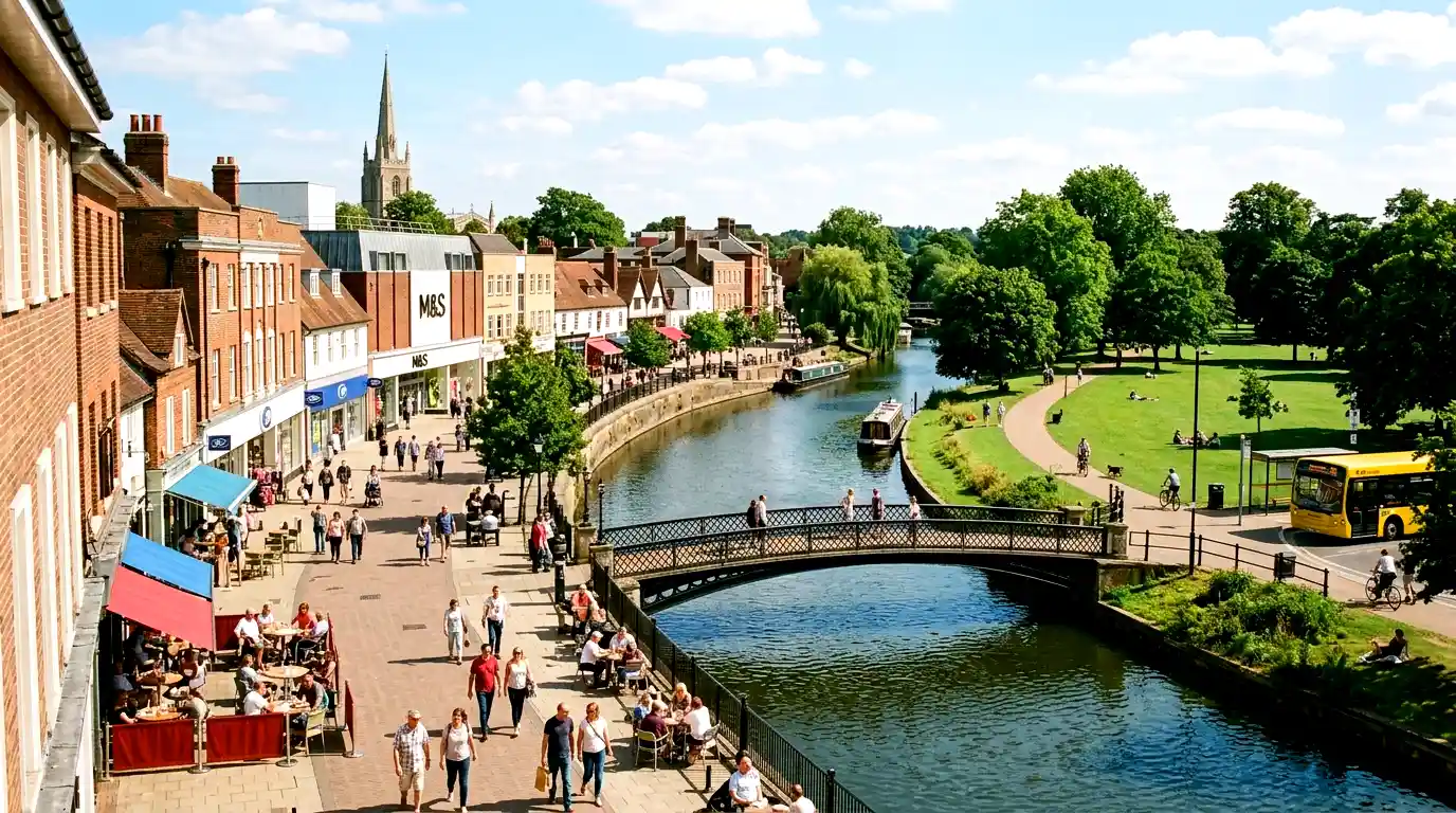 Chelmsford city centre riverside with shops, bridge, parkland, and cathedral spire in the background.