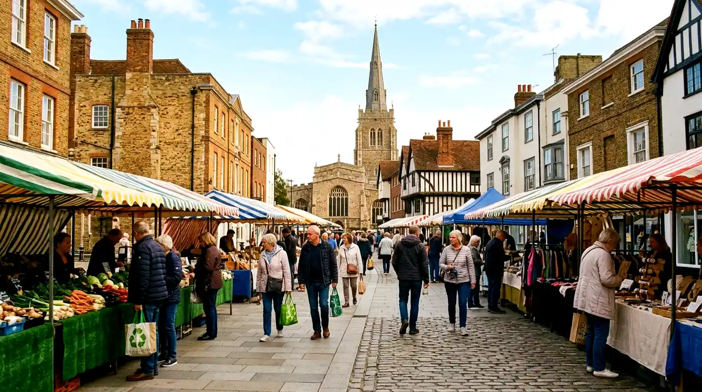 Chelmsford market stalls in the city centre with shoppers and Chelmsford Cathedral in the background.