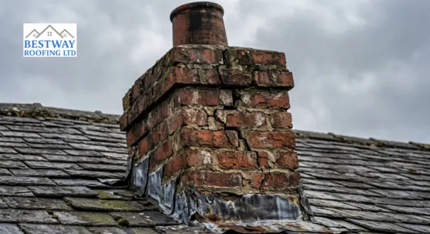 a weathered brick chimney stack with cracked mortar spalling brickwork and damaged lead flashing on a UK residential rooftop