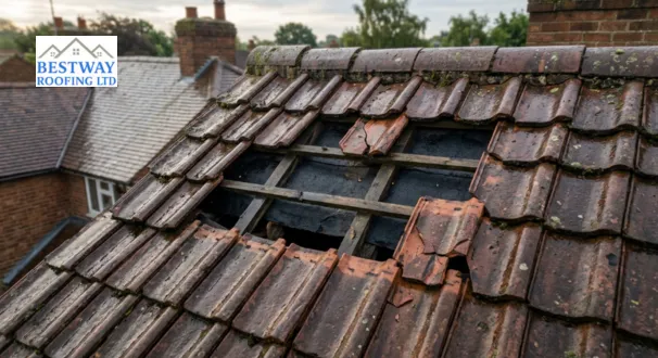 Close-up of missing and cracked clay roof tiles on a UK residential home showing signs of urgent storm damage repair needed