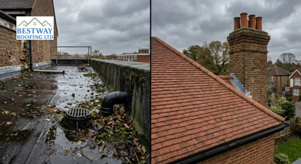 Split exterior view of a flat roof with standing water and a traditional pitched clay tile roof highlighting different roof inspection Chelmsford homeowners need based on roof type2 / 2