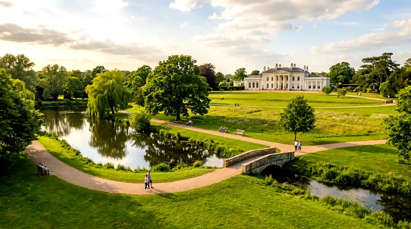 Hylands Estate in Chelmsford with landscaped gardens, river, walking paths, and historic mansion.