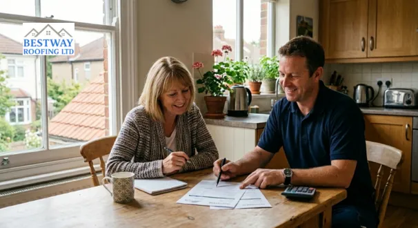 A certified roofer in work uniform handing official certification and insurance documents to a homeowner before roofing work begins