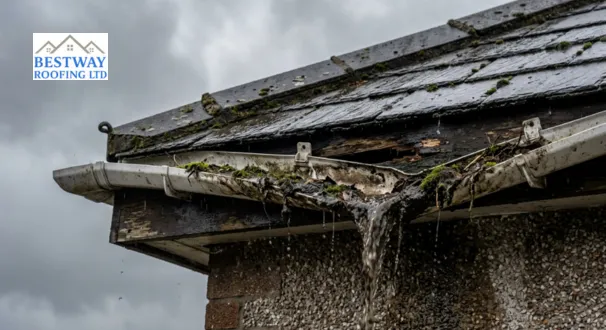 Close-up of sagging plastic guttering overflowing with water and debris and pulling away from fascia board on a British residential roofline. One Roof Repair Chelmsford Warning Signs
