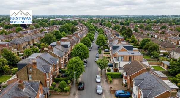 Wide aerial view of a Chelmsford Essex residential street showing traditional period brick homes with pitched roofs alongside modern extensions with flat roofs under an overcast British sky