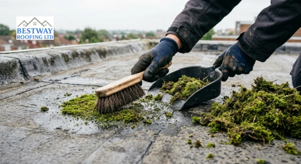 Gloved hands clearing wet leaves and debris from flat roof surface before moss removal treatment