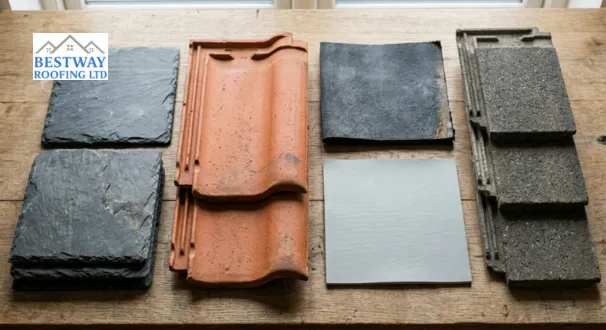 Close-up of a selection of roofing materials including dark grey slate tiles clay tiles and flat roofing membrane samples laid out in natural daylight showing quality options available from a Chelmsford roofer